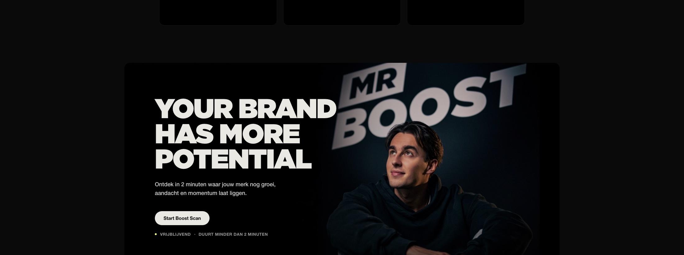 MRBoost brand scan campaign panel showing a studio portrait and bold campaign messaging