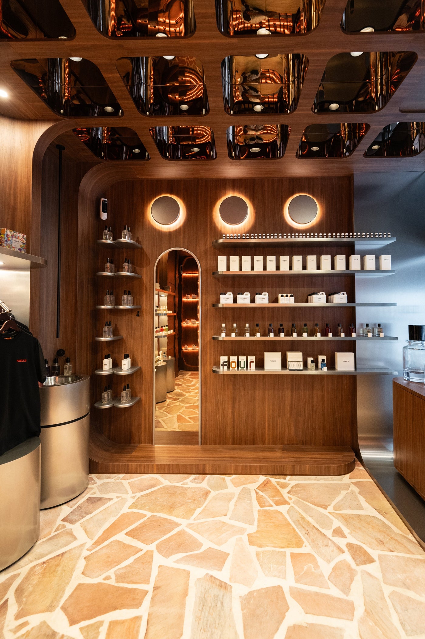 Wood and mirrored interior of the Fugazzi Amsterdam flagship store