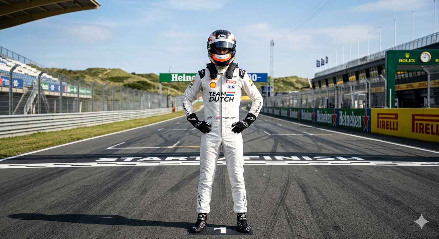 LOTR Racing driver standing on the start and finish straight