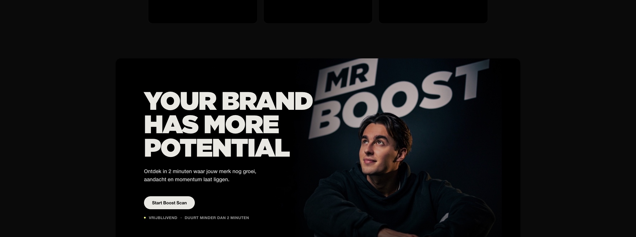 MRBoost brand scan campaign panel showing a studio portrait and bold campaign messaging